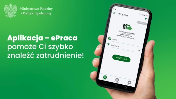 Grafika przedstawiająca dłoń trzymającą smartfon - Aplikacja ePraca pomoże Ci szybko znaleźć zatrudnienie