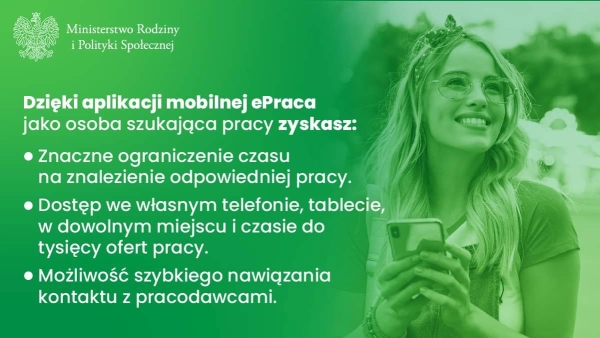 Grafika przedstawiająca kobietę korzystającą ze smartfona - Dzięki aplikacji mobilnej jako osoba szukająca pracy zyskasz