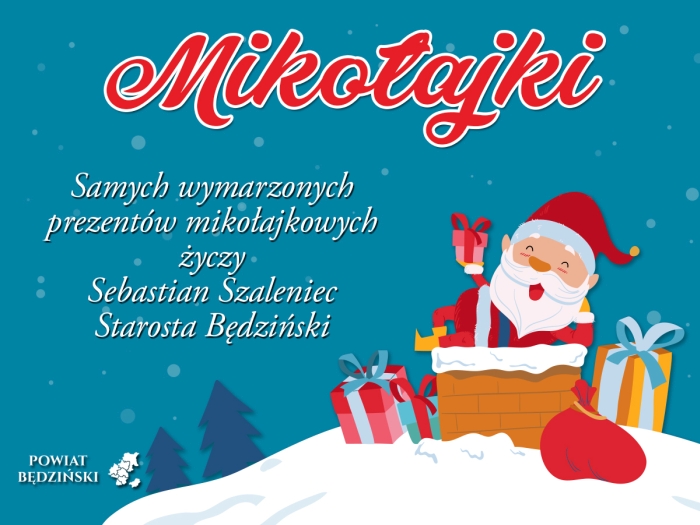 Grafika z życzeniami Starosty Będzińskiego Sebastiana Szaleńca z okazji Mikołajek