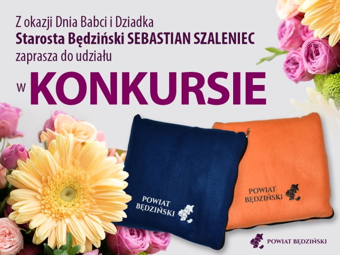 Grafika promocyjna zawierająca informację o koknursie i obrazki kwiatów