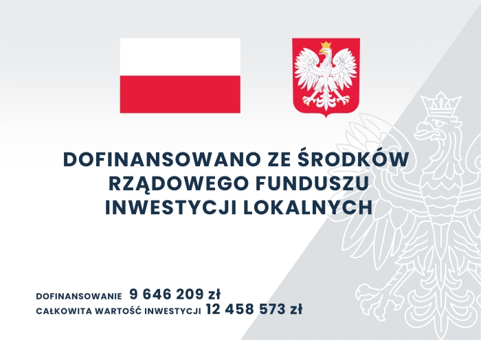 Grafika z flagą Polski i konturowym rysunkiem orła zawierająca kwoty dofinanoswania i wartości inwestycji